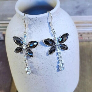 Y2K 90s Black Silver Clear Butterfly Crystal Dangle Earrings New Vintage